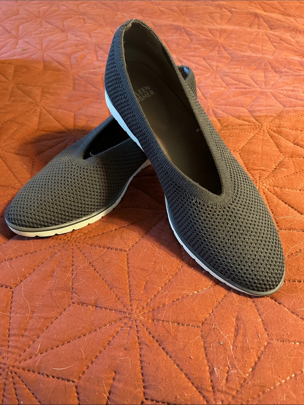 Eileen Fisher charcoal knit slip-on flats with white trim